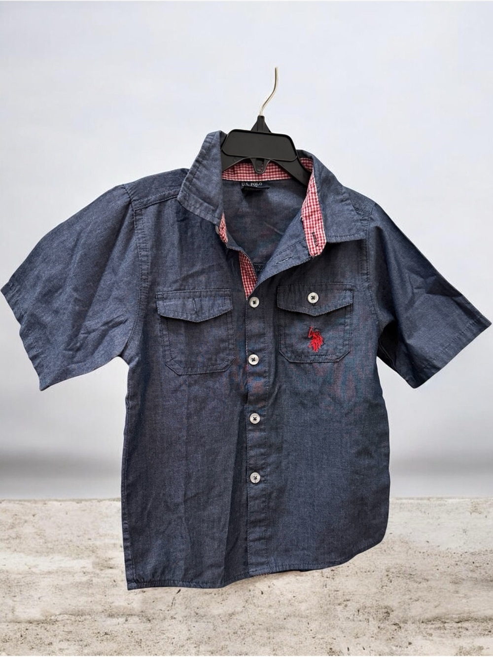U.S. Polo Assn. Navy Short-Sleeve Button-Down Shirt with Red Gingham Trim
